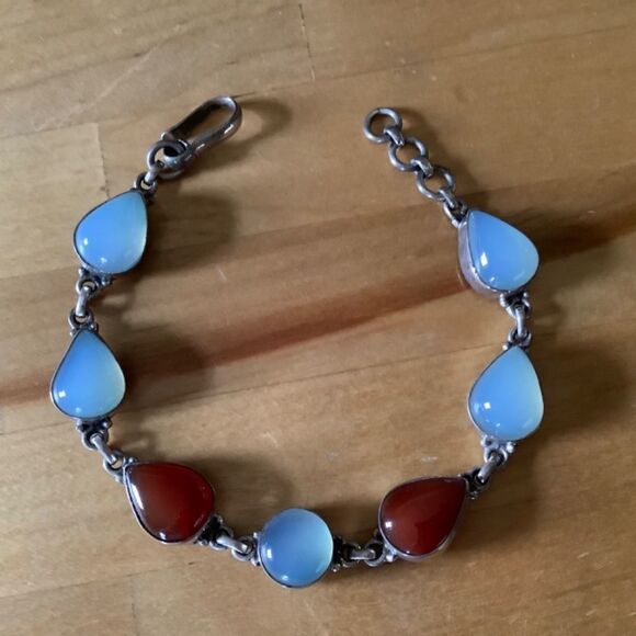 sterling SILVER 925 CARNELIAN/MILKY AQUAMARINE BRACELET - Picture 3 of 8